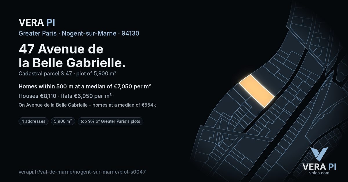 47 Avenue de la Belle Gabrielle, Nogent-sur-Marne at night – the plot lit, the parcels around coloured by the prices near them