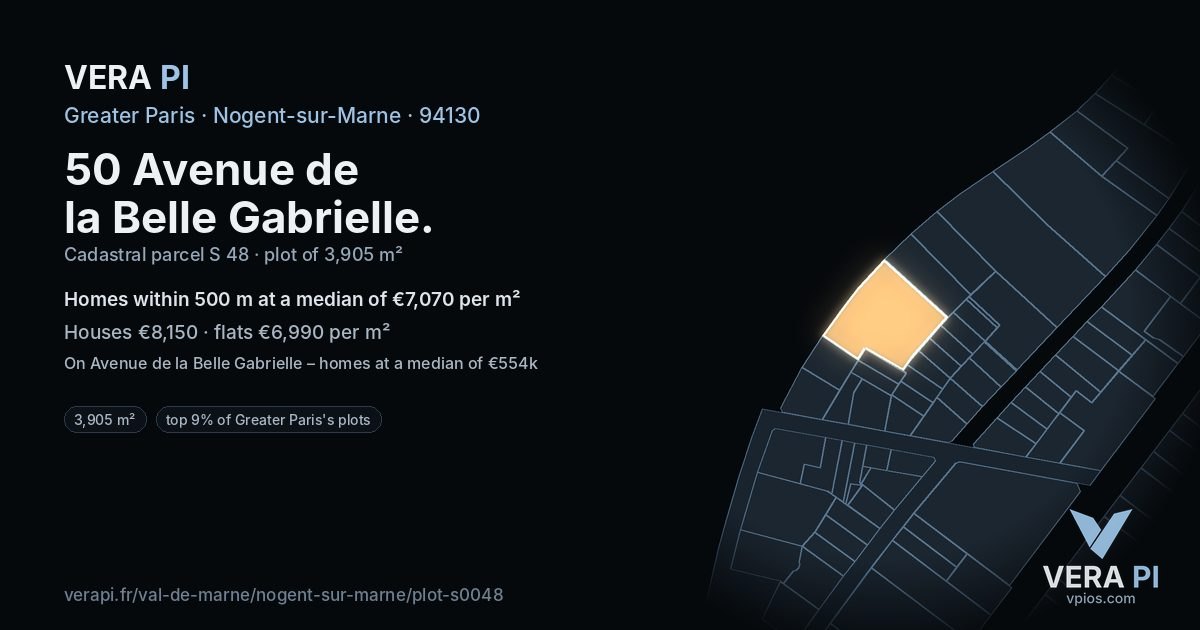 50 Avenue de la Belle Gabrielle, Nogent-sur-Marne at night – the plot lit, the parcels around coloured by the prices near them