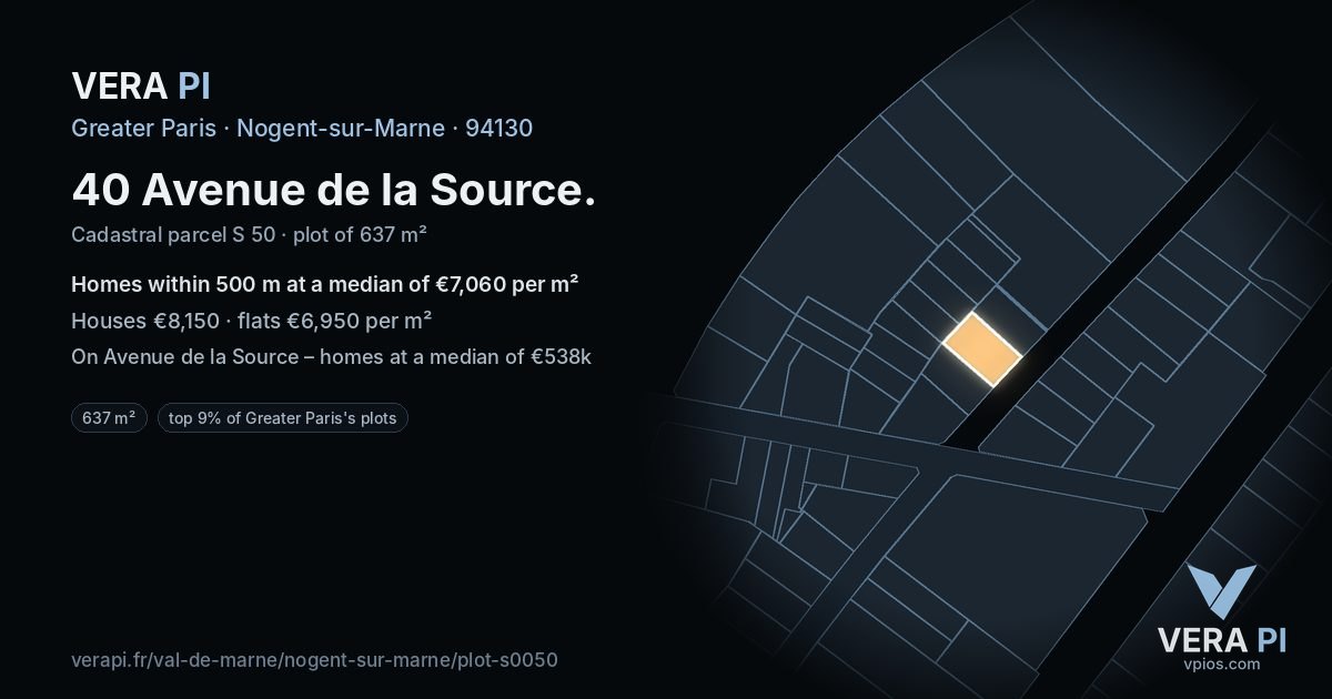 40 Avenue de la Source, Nogent-sur-Marne at night – the plot lit, the parcels around coloured by the prices near them