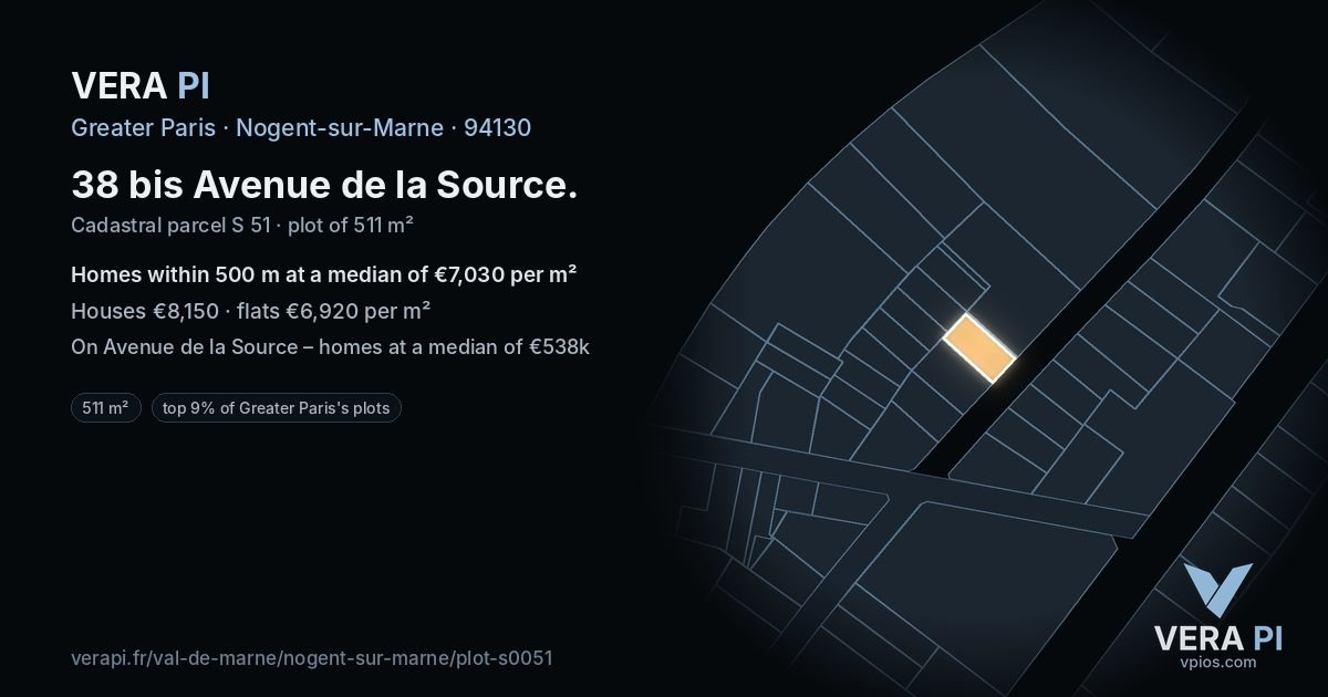 38 bis Avenue de la Source, Nogent-sur-Marne at night – the plot lit, the parcels around coloured by the prices near them