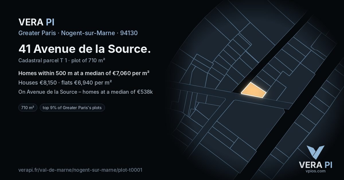 41 Avenue de la Source, Nogent-sur-Marne at night – the plot lit, the parcels around coloured by the prices near them