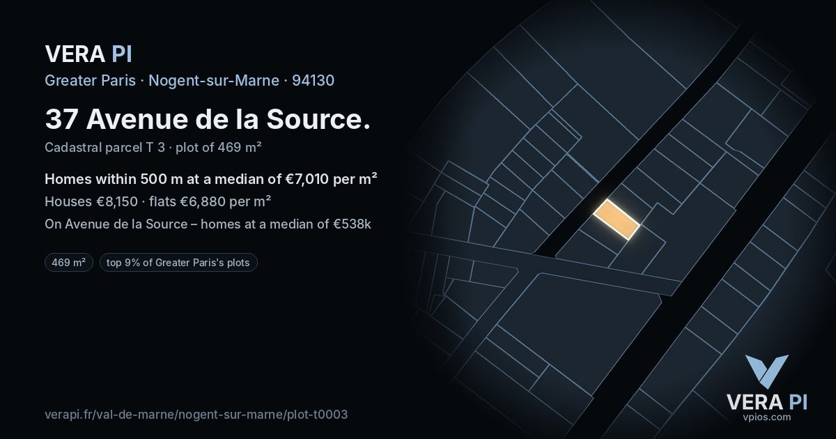37 Avenue de la Source, Nogent-sur-Marne at night – the plot lit, the parcels around coloured by the prices near them
