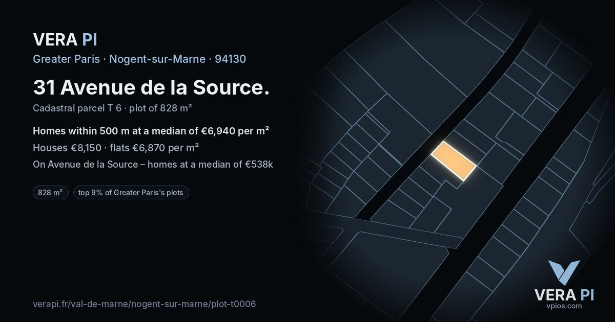 31 Avenue de la Source, Nogent-sur-Marne at night – the plot lit, the parcels around coloured by the prices near them