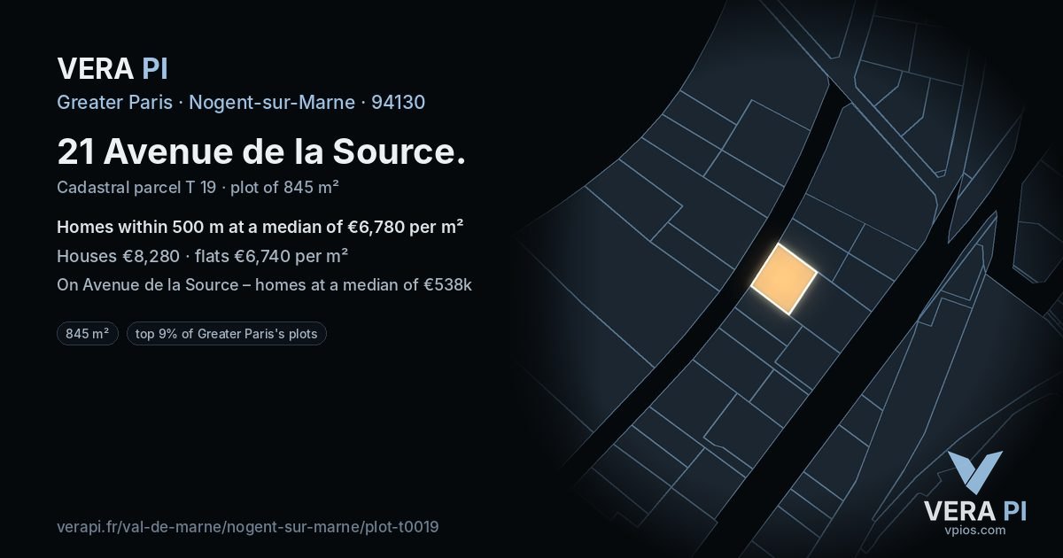 21 Avenue de la Source, Nogent-sur-Marne at night – the plot lit, the parcels around coloured by the prices near them