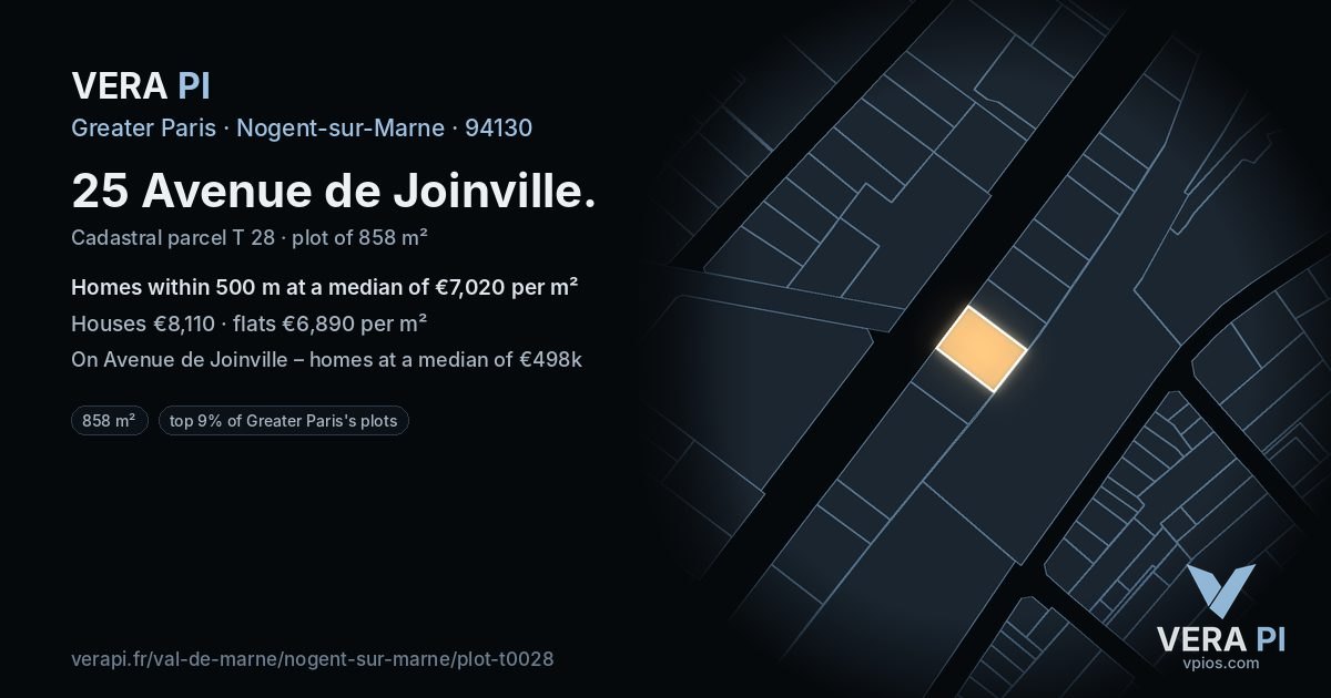 25 Avenue de Joinville, Nogent-sur-Marne at night – the plot lit, the parcels around coloured by the prices near them