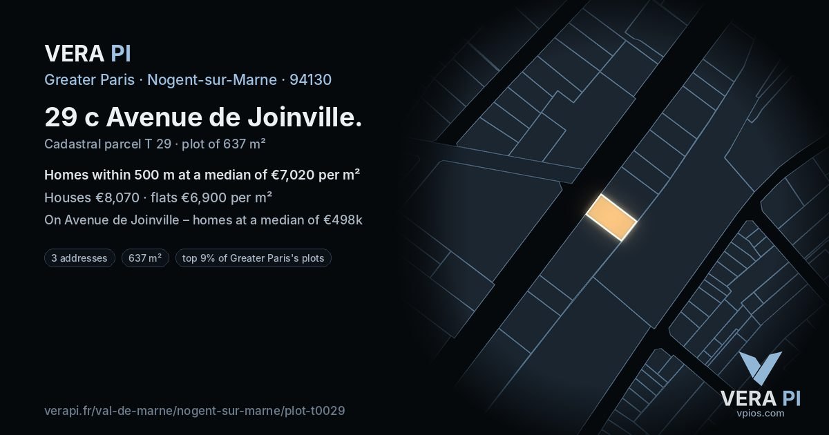 29 c Avenue de Joinville, Nogent-sur-Marne at night – the plot lit, the parcels around coloured by the prices near them