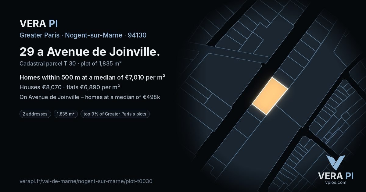 29 a Avenue de Joinville, Nogent-sur-Marne at night – the plot lit, the parcels around coloured by the prices near them