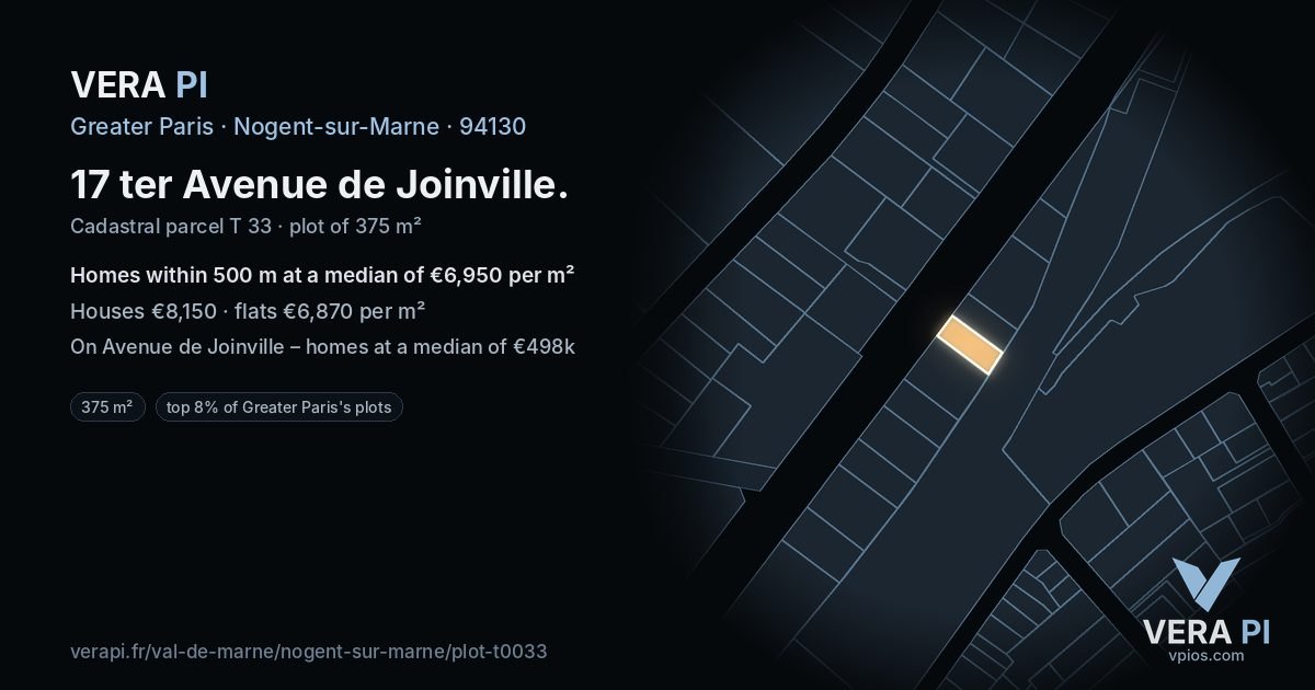 17 ter Avenue de Joinville, Nogent-sur-Marne at night – the plot lit, the parcels around coloured by the prices near them