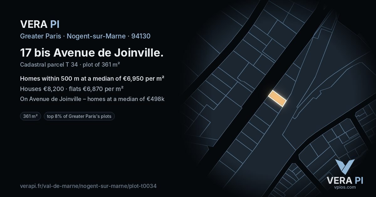 17 bis Avenue de Joinville, Nogent-sur-Marne at night – the plot lit, the parcels around coloured by the prices near them