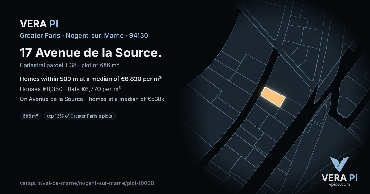 17 Avenue de la Source, Nogent-sur-Marne at night – the plot lit, the parcels around coloured by the prices near them
