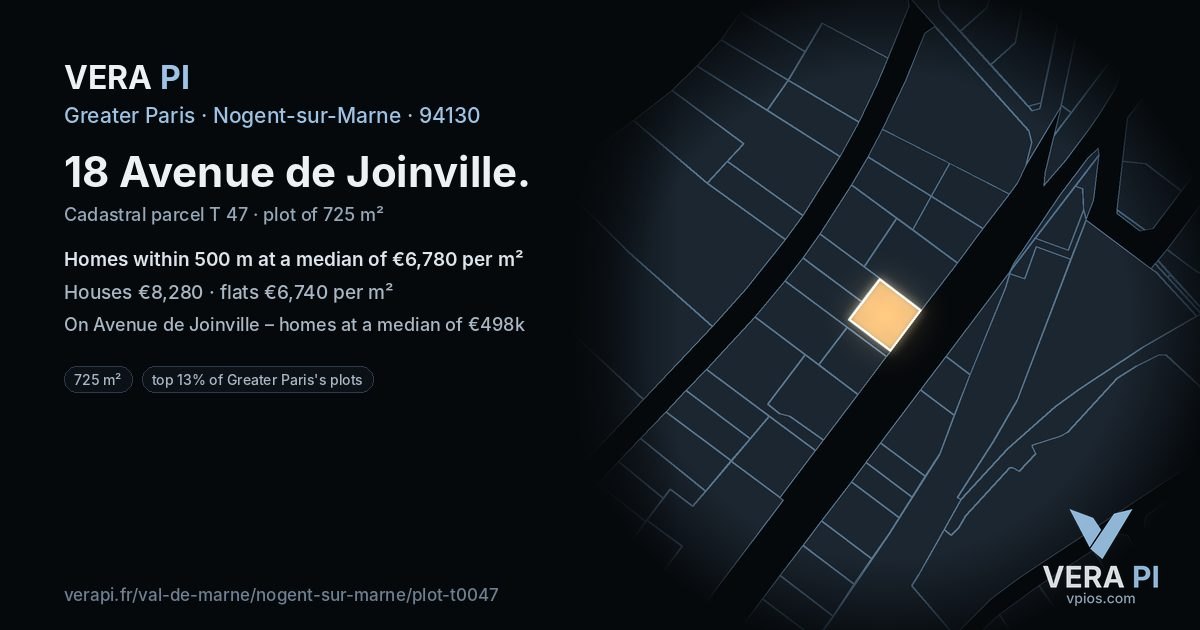 18 Avenue de Joinville, Nogent-sur-Marne at night – the plot lit, the parcels around coloured by the prices near them