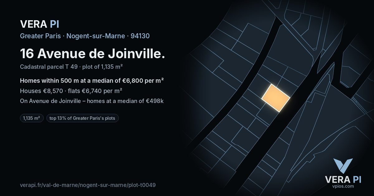 16 Avenue de Joinville, Nogent-sur-Marne at night – the plot lit, the parcels around coloured by the prices near them