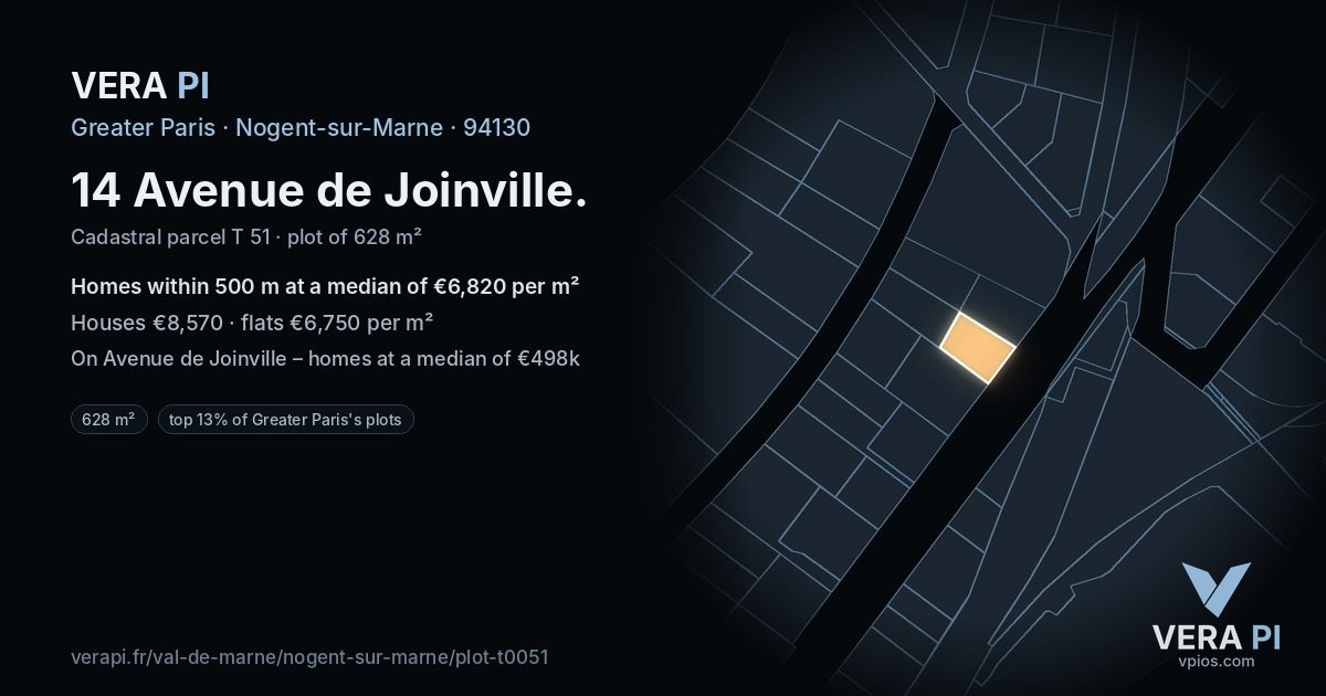 14 Avenue de Joinville, Nogent-sur-Marne at night – the plot lit, the parcels around coloured by the prices near them
