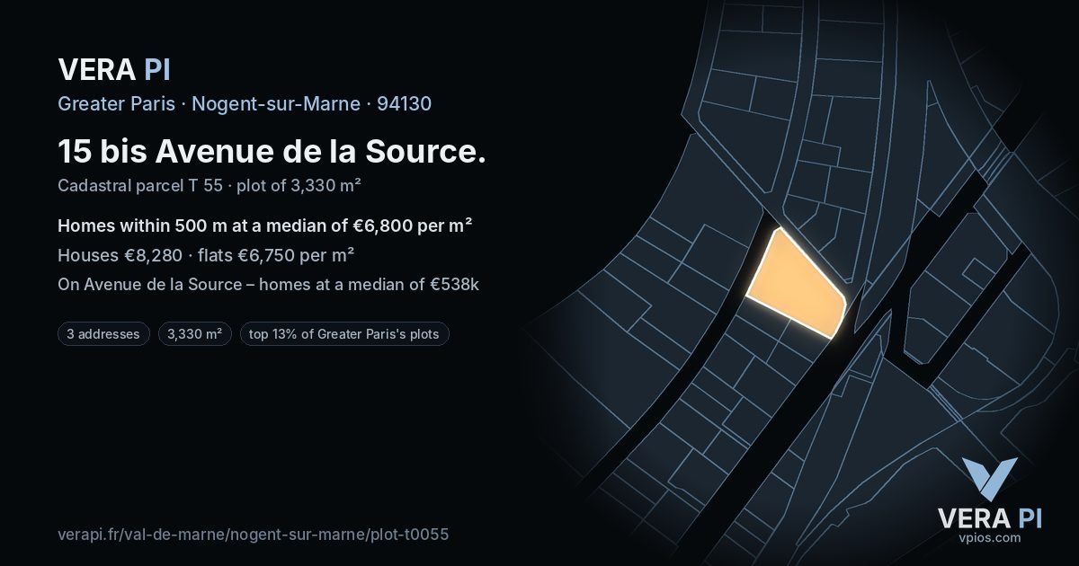 15 bis Avenue de la Source, Nogent-sur-Marne at night – the plot lit, the parcels around coloured by the prices near them