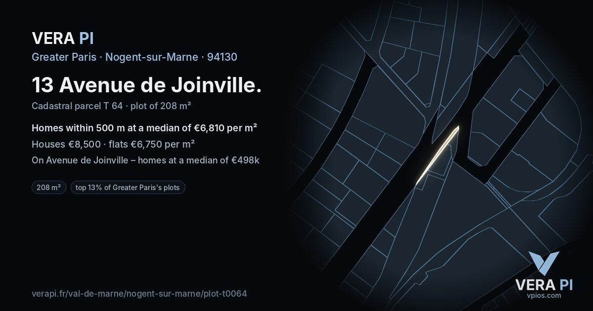 13 Avenue de Joinville, Nogent-sur-Marne at night – the plot lit, the parcels around coloured by the prices near them