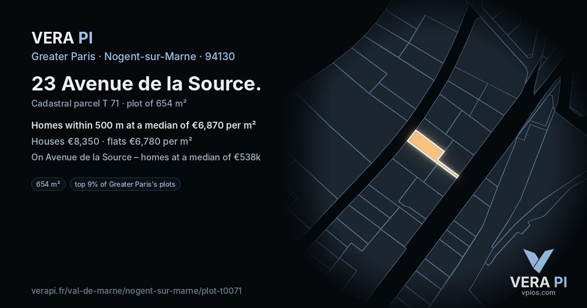 23 Avenue de la Source, Nogent-sur-Marne at night – the plot lit, the parcels around coloured by the prices near them