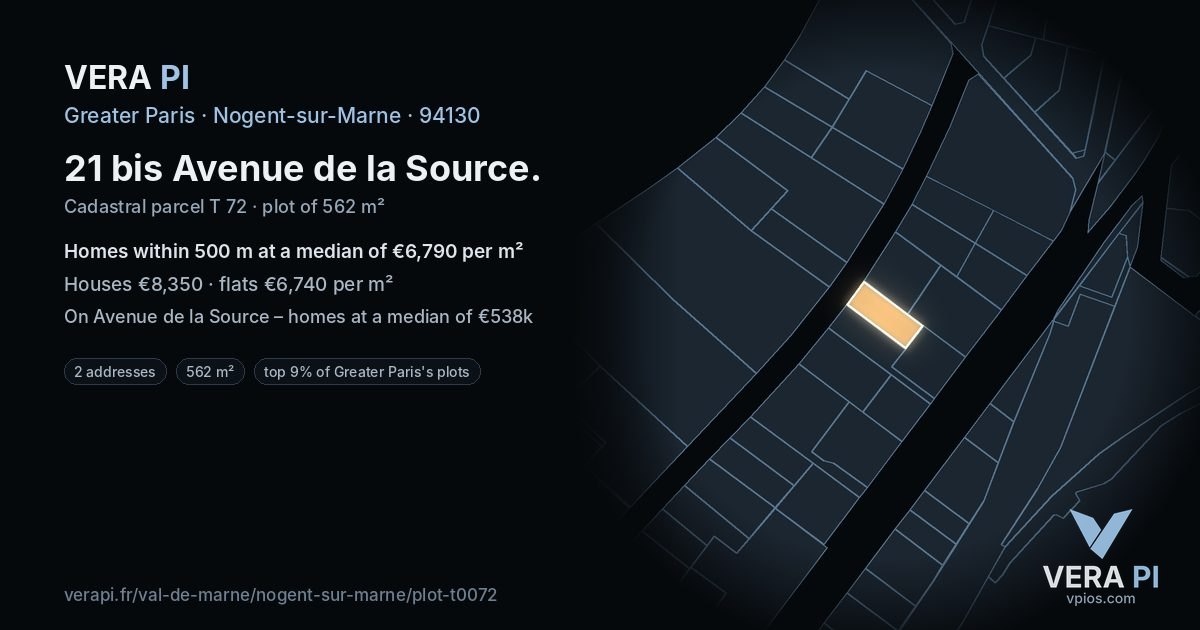 21 bis Avenue de la Source, Nogent-sur-Marne at night – the plot lit, the parcels around coloured by the prices near them