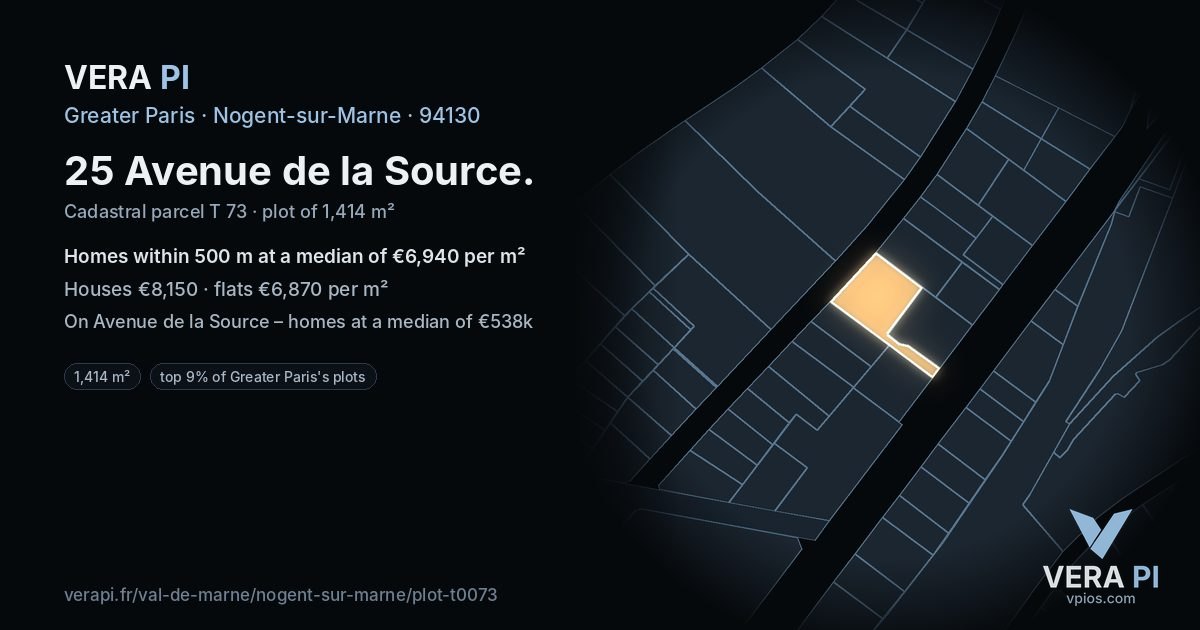 25 Avenue de la Source, Nogent-sur-Marne at night – the plot lit, the parcels around coloured by the prices near them