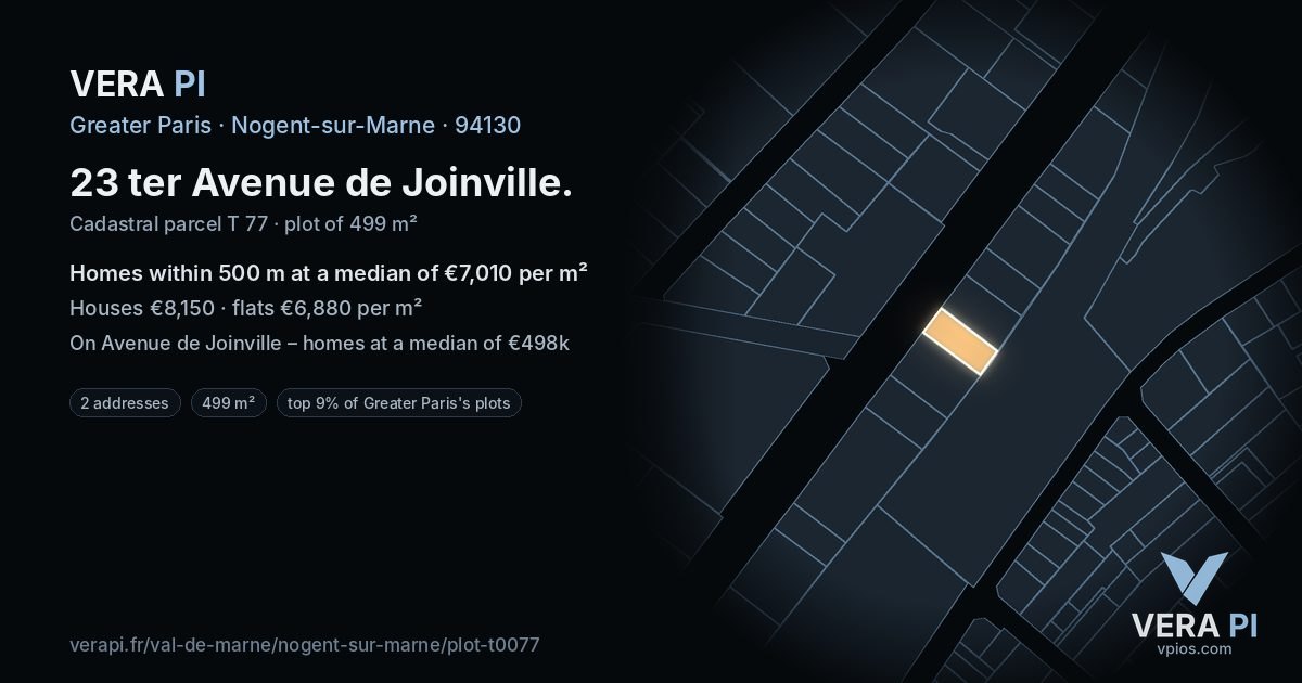 23 ter Avenue de Joinville, Nogent-sur-Marne at night – the plot lit, the parcels around coloured by the prices near them