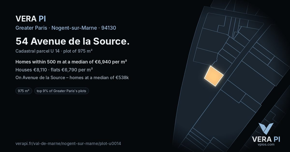 54 Avenue de la Source, Nogent-sur-Marne at night – the plot lit, the parcels around coloured by the prices near them