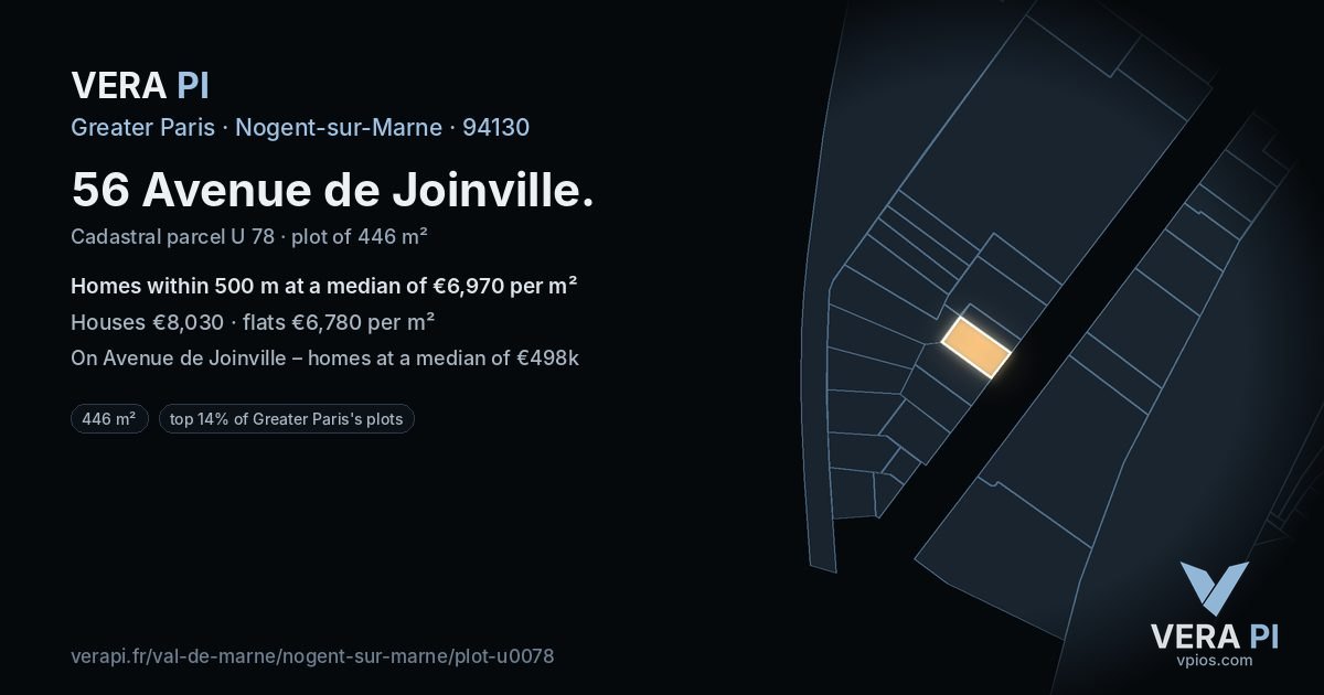 56 Avenue de Joinville, Nogent-sur-Marne at night – the plot lit, the parcels around coloured by the prices near them