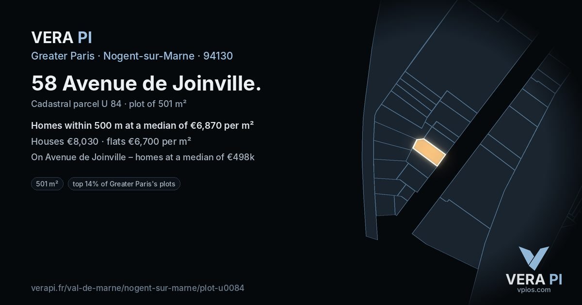 58 Avenue de Joinville, Nogent-sur-Marne at night – the plot lit, the parcels around coloured by the prices near them