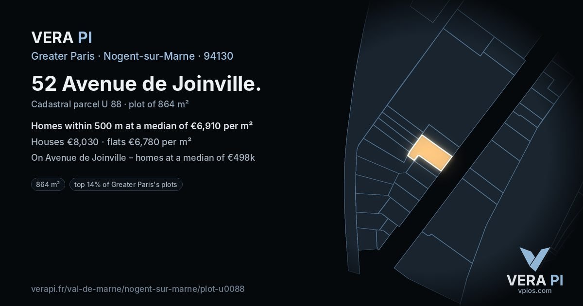 52 Avenue de Joinville, Nogent-sur-Marne at night – the plot lit, the parcels around coloured by the prices near them