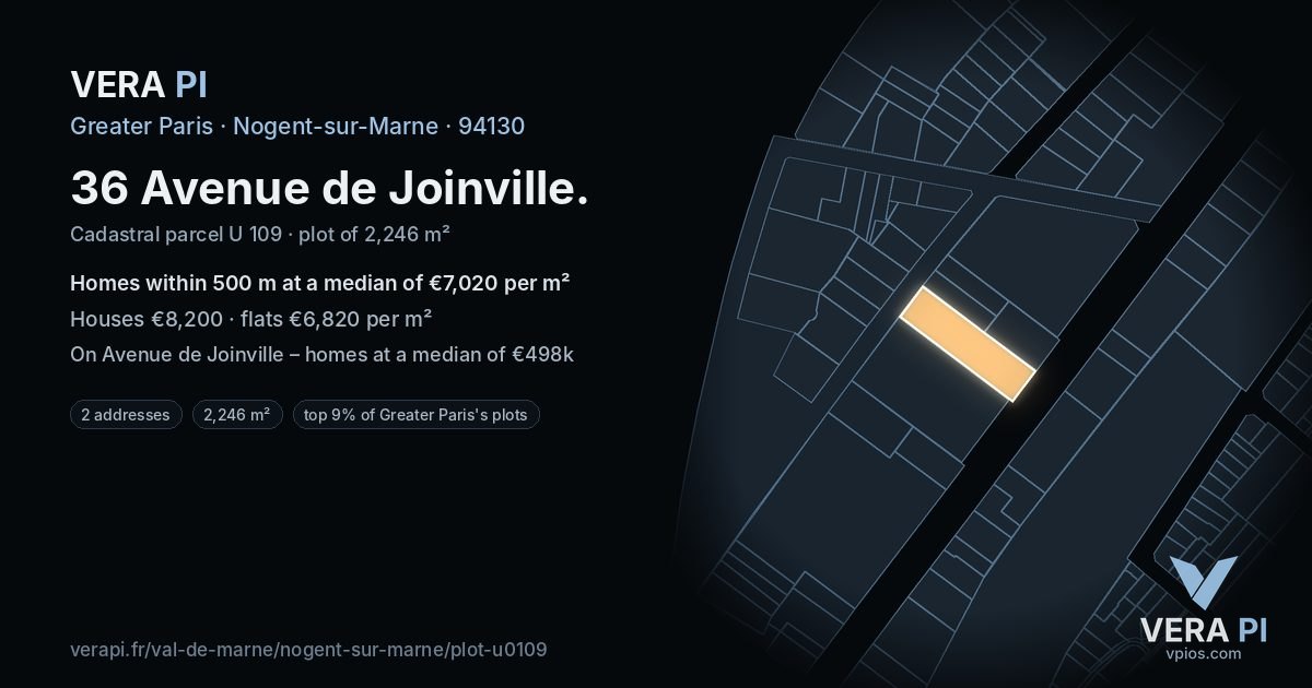 36 Avenue de Joinville, Nogent-sur-Marne at night – the plot lit, the parcels around coloured by the prices near them