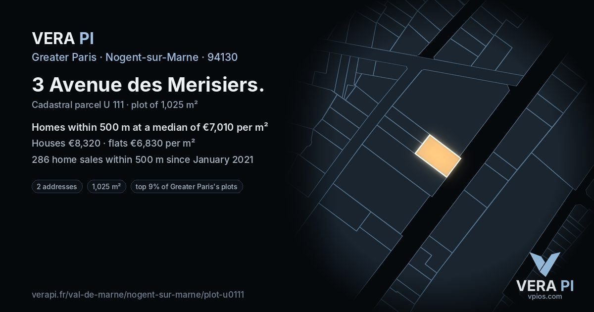 3 Avenue des Merisiers, Nogent-sur-Marne at night – the plot lit, the parcels around coloured by the prices near them
