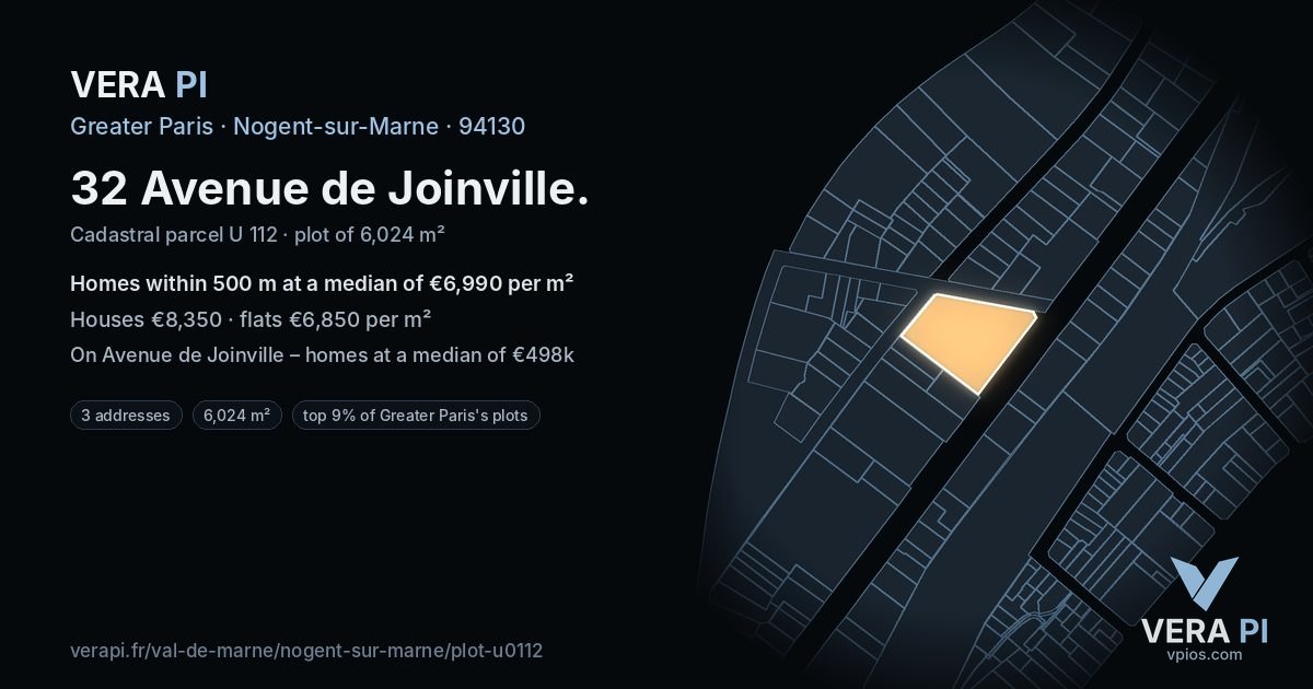 32 Avenue de Joinville, Nogent-sur-Marne at night – the plot lit, the parcels around coloured by the prices near them