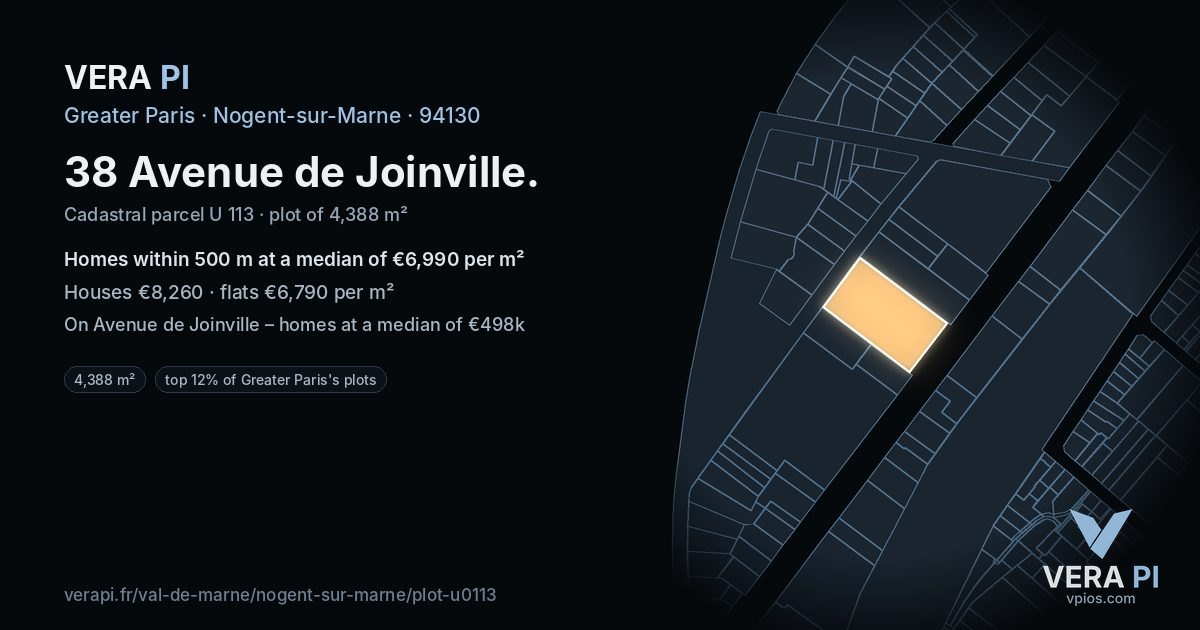 38 Avenue de Joinville, Nogent-sur-Marne at night – the plot lit, the parcels around coloured by the prices near them