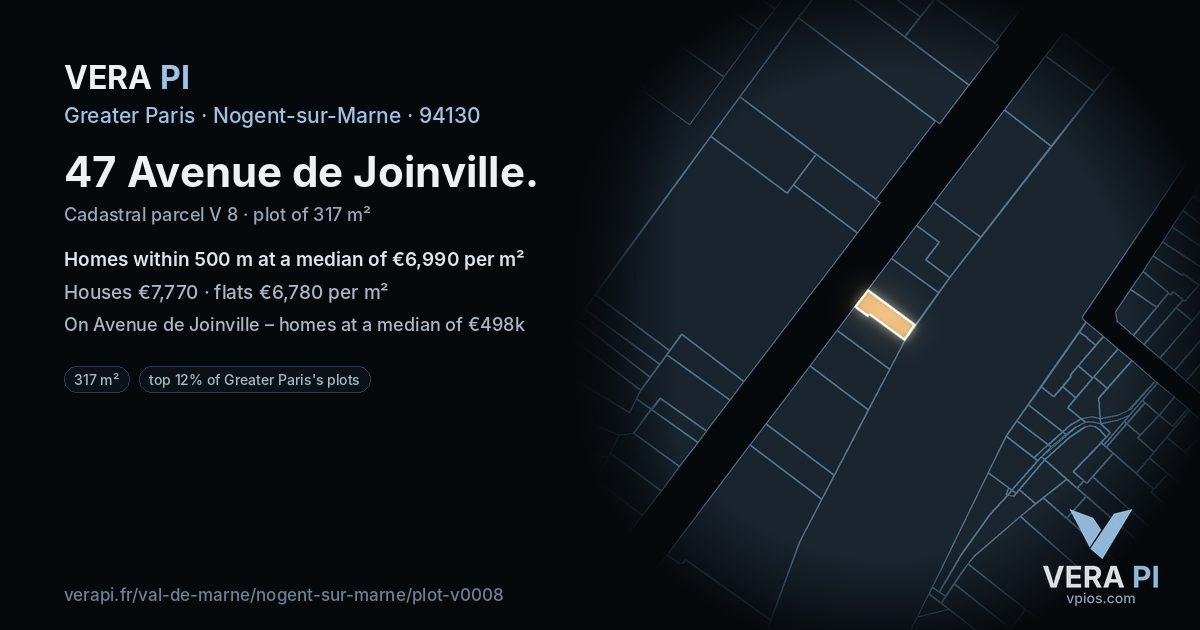 47 Avenue de Joinville, Nogent-sur-Marne at night – the plot lit, the parcels around coloured by the prices near them