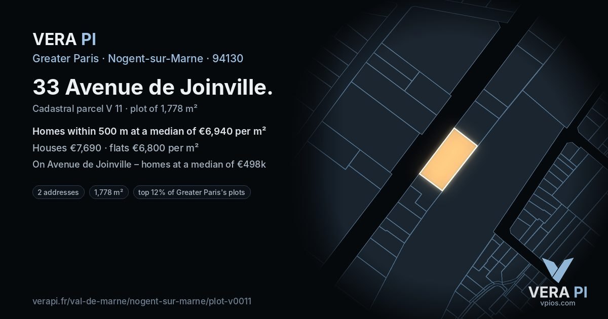 33 Avenue de Joinville, Nogent-sur-Marne at night – the plot lit, the parcels around coloured by the prices near them