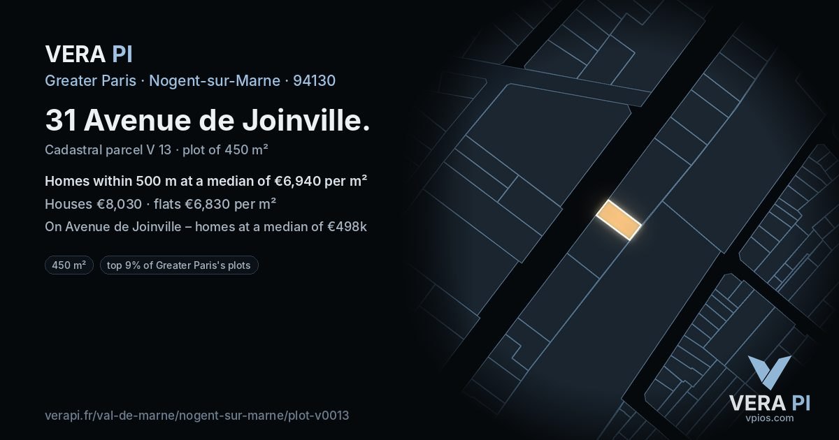 31 Avenue de Joinville, Nogent-sur-Marne at night – the plot lit, the parcels around coloured by the prices near them