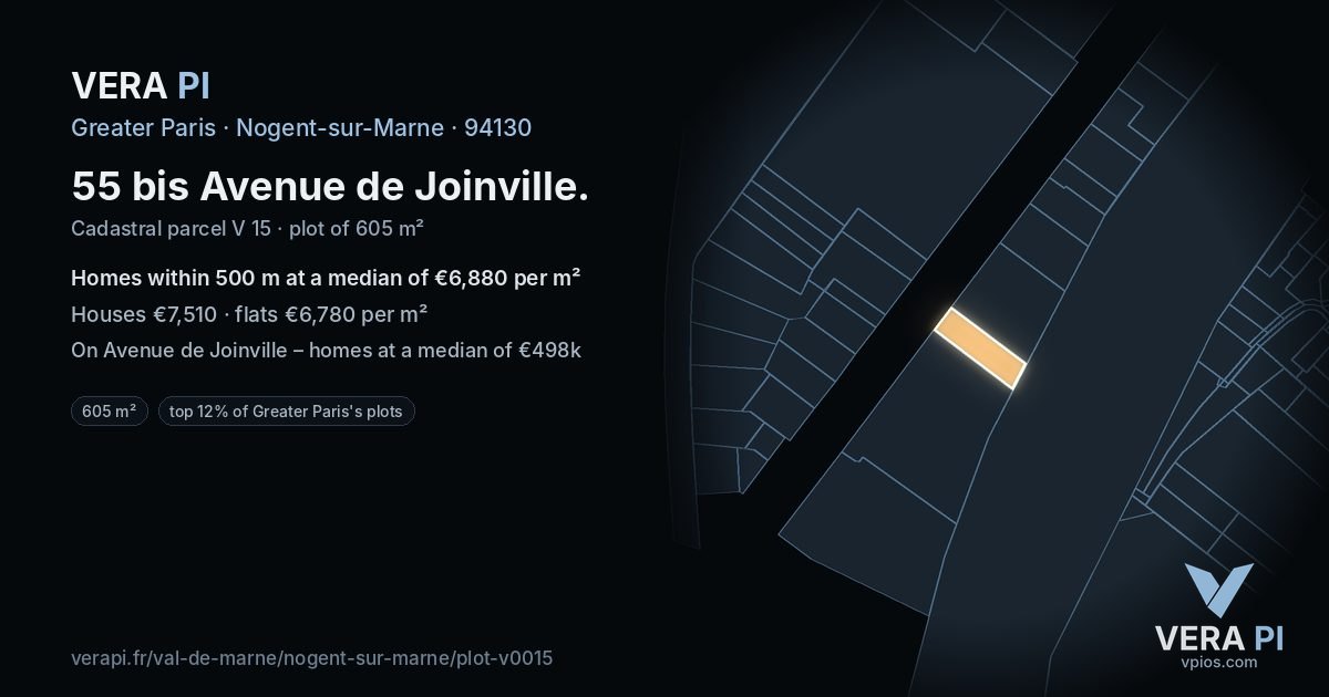 55 bis Avenue de Joinville, Nogent-sur-Marne at night – the plot lit, the parcels around coloured by the prices near them