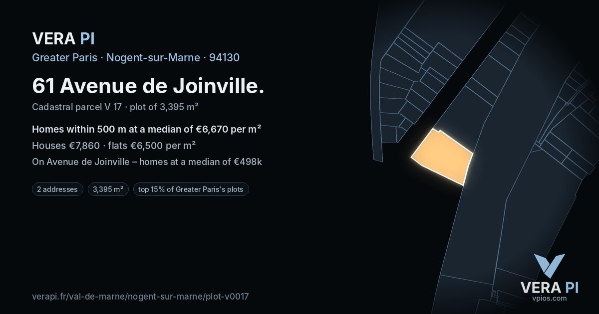 61 Avenue de Joinville, Nogent-sur-Marne at night – the plot lit, the parcels around coloured by the prices near them