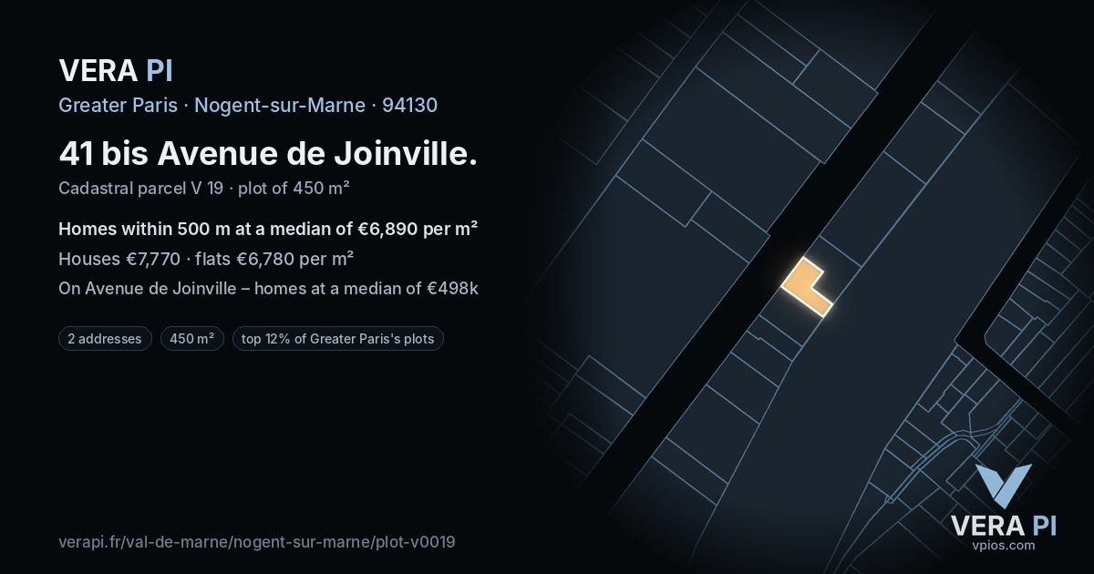 41 bis Avenue de Joinville, Nogent-sur-Marne at night – the plot lit, the parcels around coloured by the prices near them