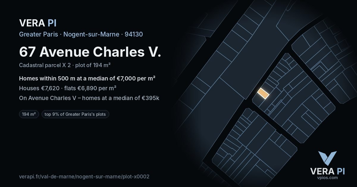 67 Avenue Charles V, Nogent-sur-Marne at night – the plot lit, the parcels around coloured by the prices near them