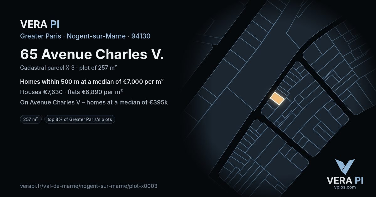 65 Avenue Charles V, Nogent-sur-Marne at night – the plot lit, the parcels around coloured by the prices near them
