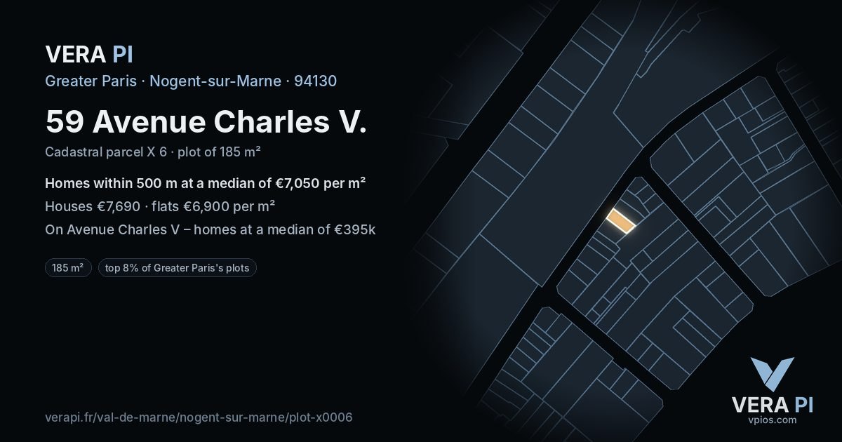 59 Avenue Charles V, Nogent-sur-Marne at night – the plot lit, the parcels around coloured by the prices near them