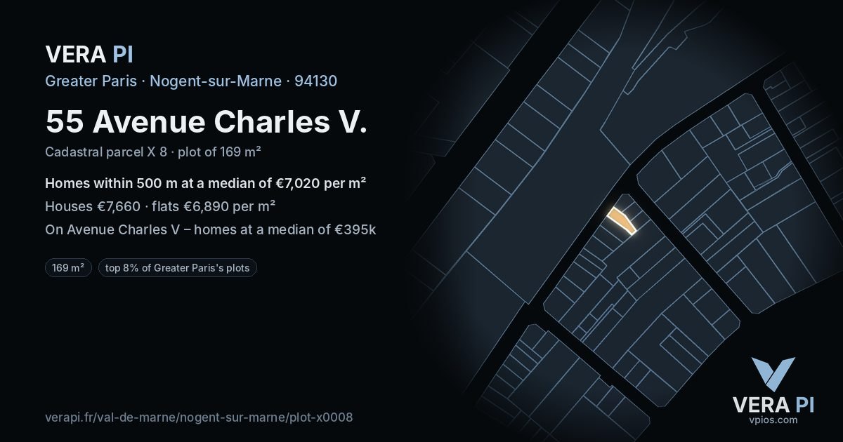 55 Avenue Charles V, Nogent-sur-Marne at night – the plot lit, the parcels around coloured by the prices near them