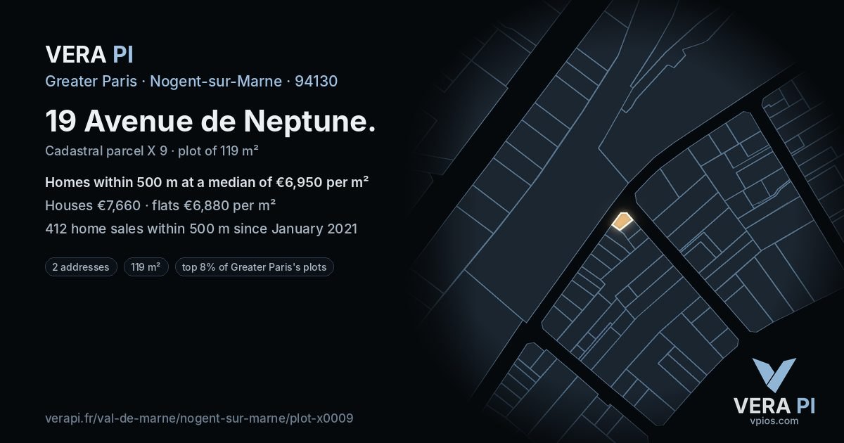 19 Avenue de Neptune, Nogent-sur-Marne at night – the plot lit, the parcels around coloured by the prices near them