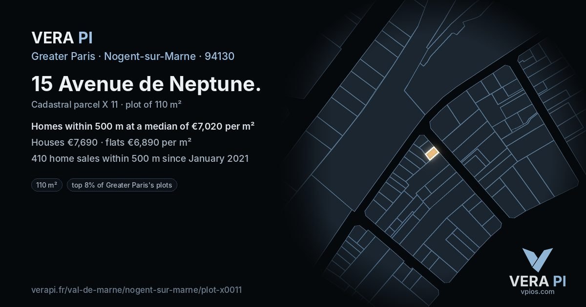 15 Avenue de Neptune, Nogent-sur-Marne at night – the plot lit, the parcels around coloured by the prices near them