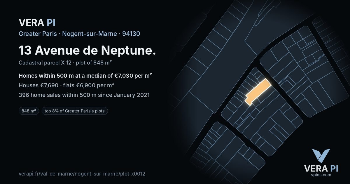 13 Avenue de Neptune, Nogent-sur-Marne at night – the plot lit, the parcels around coloured by the prices near them