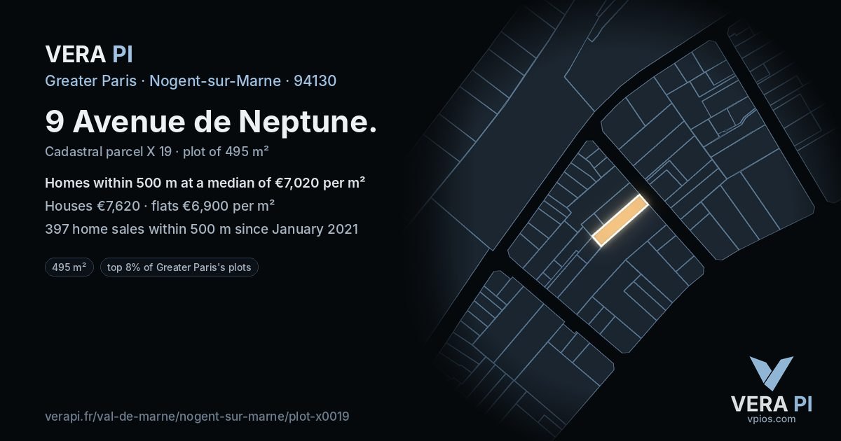 9 Avenue de Neptune, Nogent-sur-Marne at night – the plot lit, the parcels around coloured by the prices near them