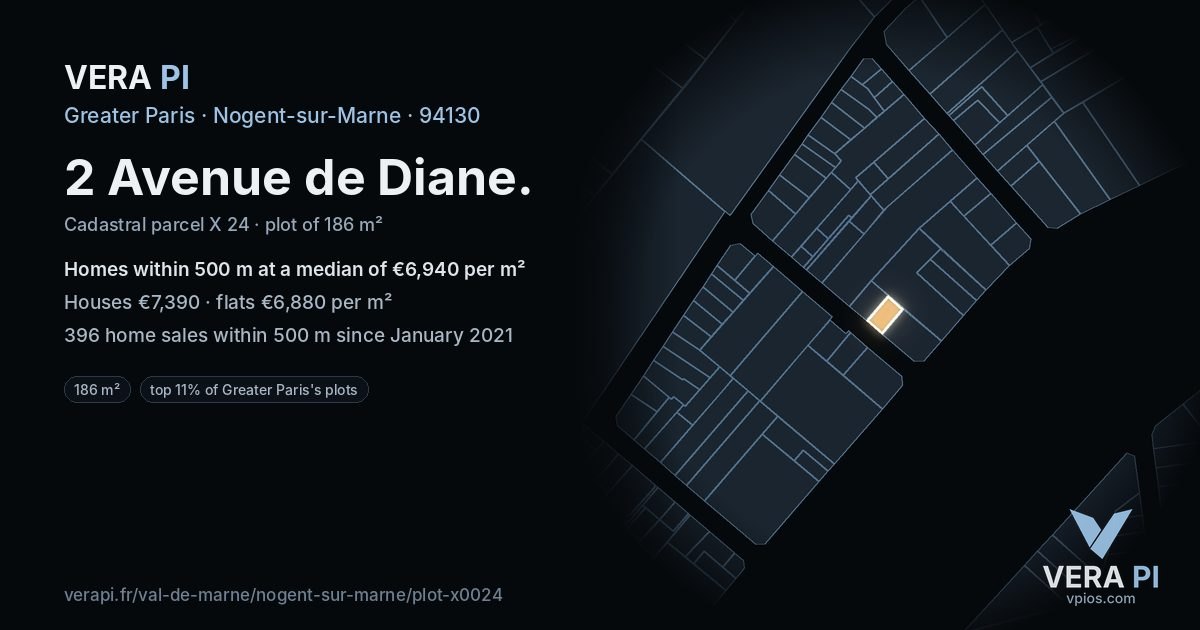 2 Avenue de Diane, Nogent-sur-Marne at night – the plot lit, the parcels around coloured by the prices near them