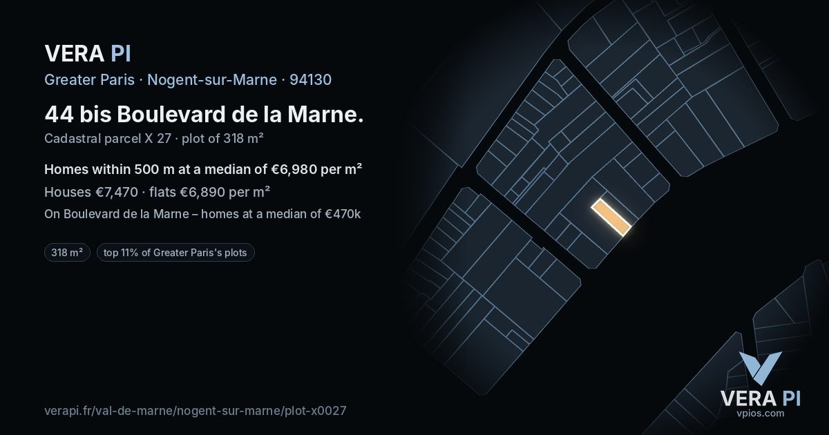 44 bis Boulevard de la Marne, Nogent-sur-Marne at night – the plot lit, the parcels around coloured by the prices near them