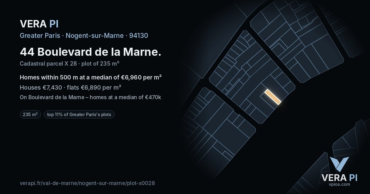 44 Boulevard de la Marne, Nogent-sur-Marne at night – the plot lit, the parcels around coloured by the prices near them