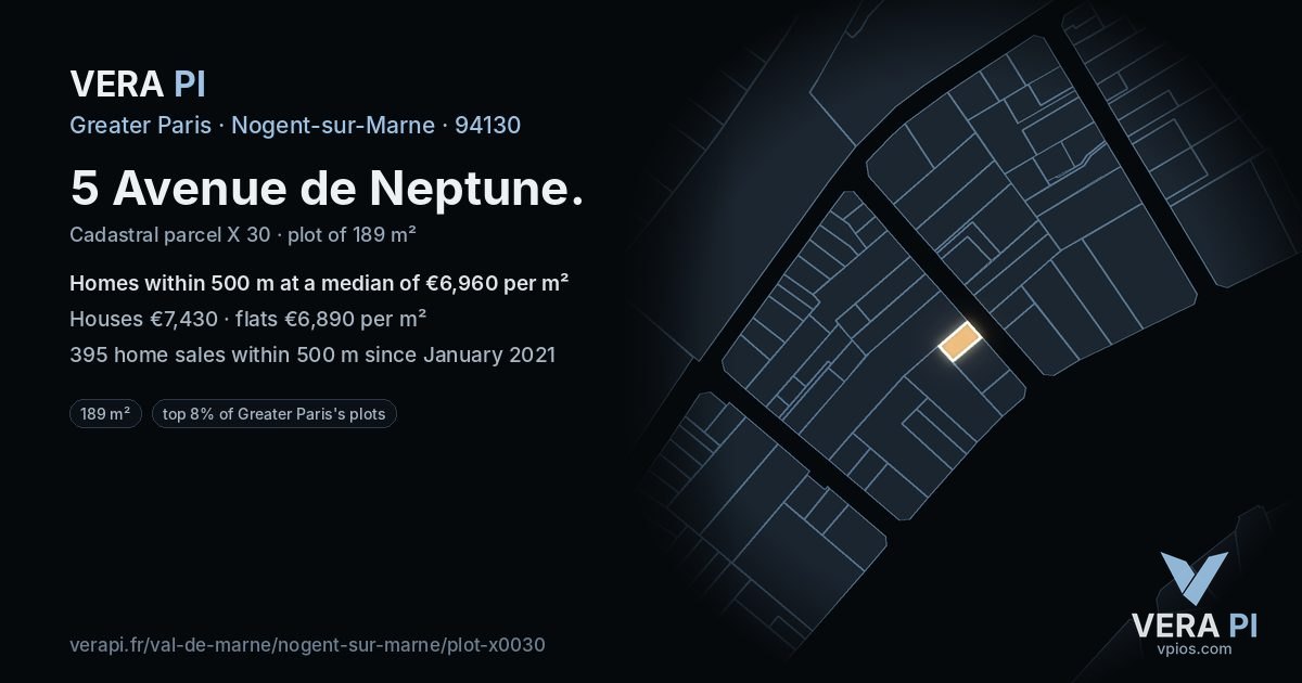 5 Avenue de Neptune, Nogent-sur-Marne at night – the plot lit, the parcels around coloured by the prices near them