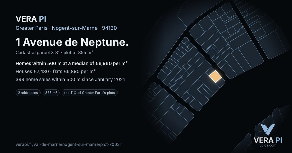 1 Avenue de Neptune, Nogent-sur-Marne at night – the plot lit, the parcels around coloured by the prices near them